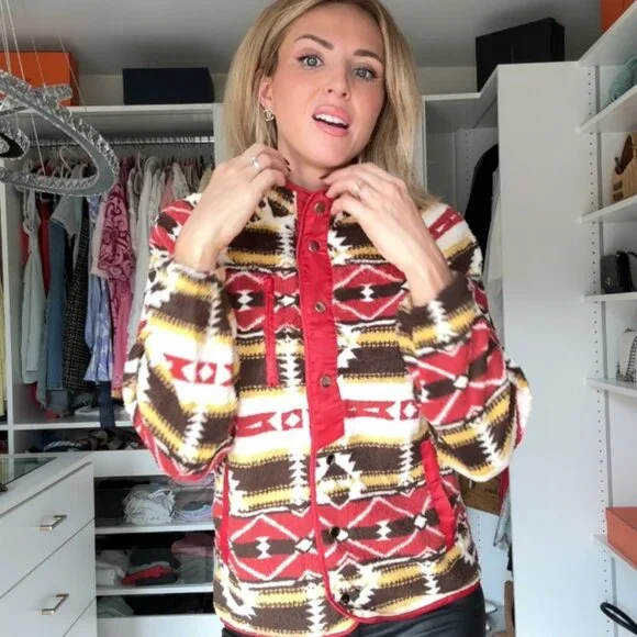 Cozy Fleece Jacket Western Aztec Print Snap Button Down Coat with Pockets
